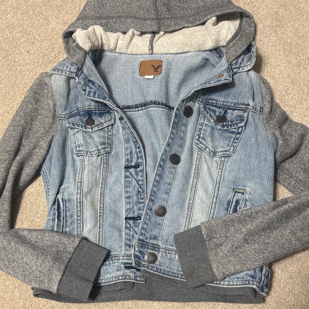 American Eagle Outfitters Denim Jacket with Cream Hood